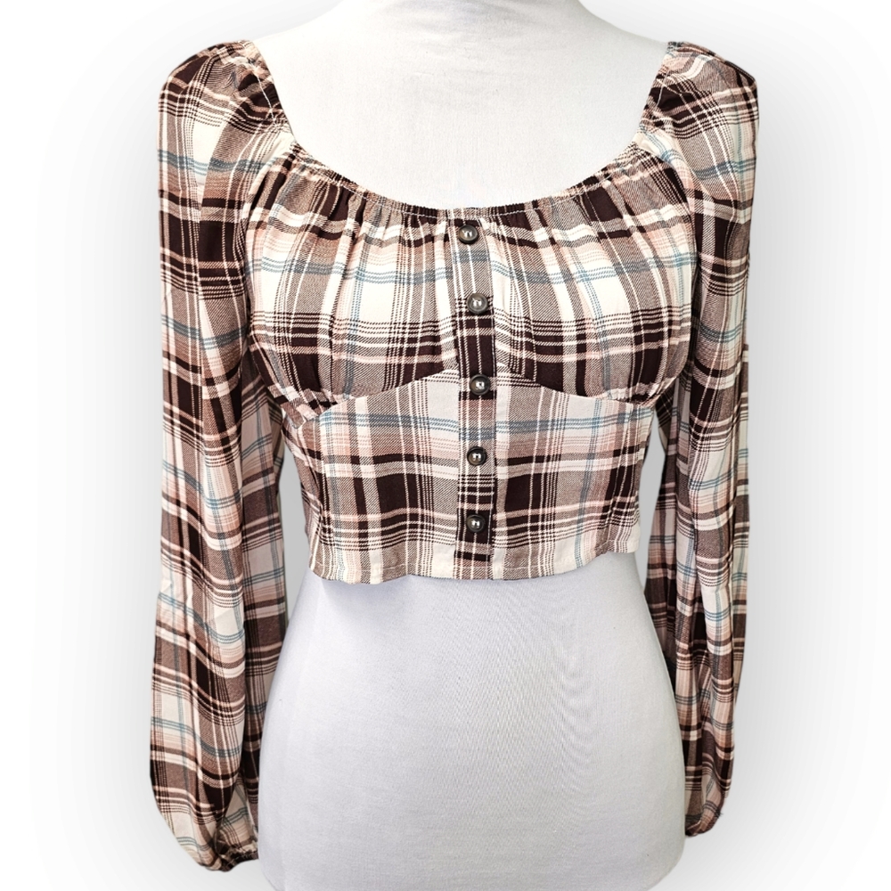 Active USA Long Sleeve Crop Top Plaid Size Small